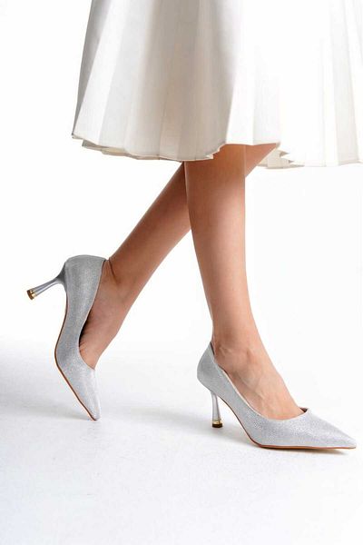 v.s.h velvet Silver Shiny Metallic Mid Heels Pointed Toe Pearl Detail Stiletto Shoes