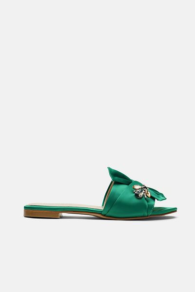 carweza Bee Maya Green Satin Flat Sole Women's Slippers