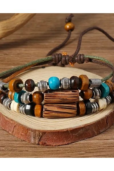 TAKİBUTİGİNİZ Vintage Wooden Beaded Ethnic Kolyr Bracelet Set