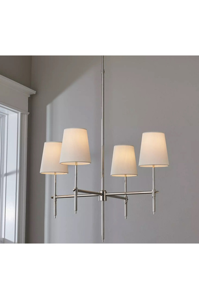 burenze Modern Tasarım Krem Abajur 4 Kollu Avize Krom Gümüş Salon Oturma Odası Avizesi