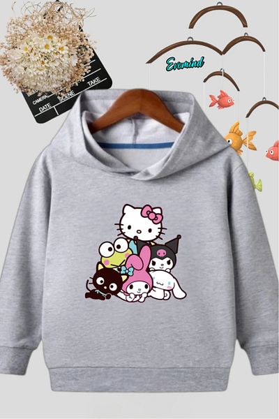 Evomind Unisex My Melody Kuromi Hello Kity Printed Hooded Children's Sweatshirt