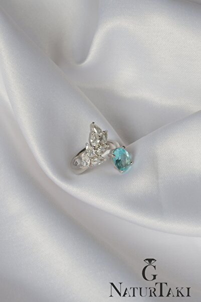 Naturtakı Akua Mavi Oval Taşlı Gümüş Kadın Yüzük Modeli Parmağa Göre Ayarlanabilir Yapraklı Tasarım