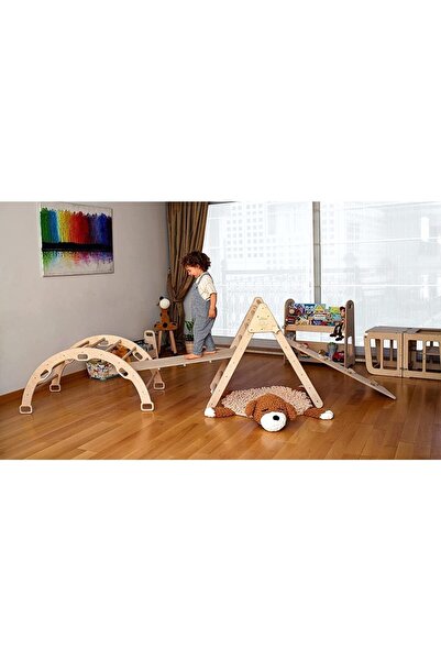 KIDOPPO Pikler Tırmanma Seti | Montessori Tam Set Ve Desenli Yastık | Üçgen&kemer&2 Adet Rampa&harita Yastık