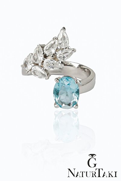 Naturtakı Akua Mavi Oval Taşlı Gümüş Kadın Yüzük Modeli Parmağa Göre Ayarlanabilir Yapraklı Tasarım