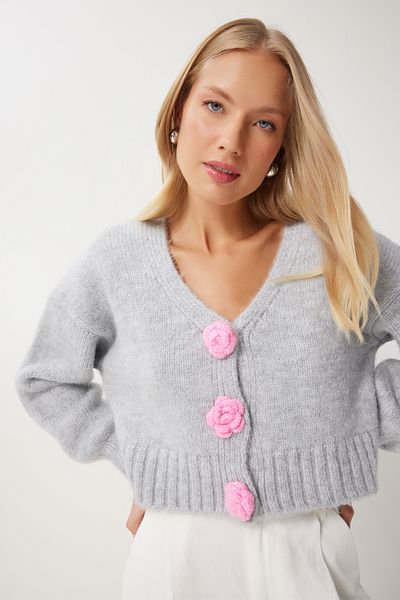 Lovelyİstanbul Cardigan din tricotaje cu modele florale cu pompon GRI - LPF0079