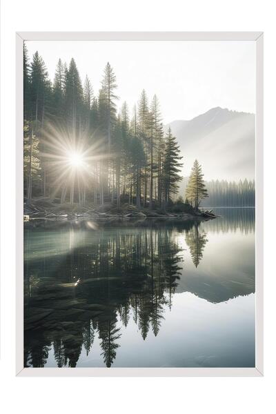 Postifull Morning View Lake Çerçeveli Tablo, Beyaz Çerçeve ve Poster, Duvar T...