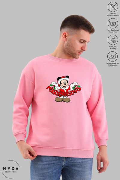 Nyda Collections Unisex Πρωτοχρονιά Καλά Χριστούγεννα με στάμπα με λαιμόκοψη χωρίς κουκούλα υπερμεγέθη φούτερ