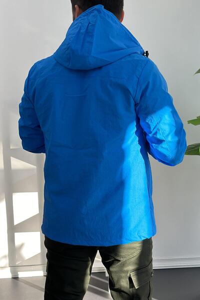 Edwox Синій Slim Fit Krinkıl Дощовик - Кенгуру Кишеня і Напівзастібка Edw077