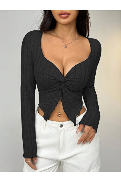 Wildco بلوزة ليكرا بياقة على شكل قلب - أسود، كم طويل، صدر منخفض، ربيع ملتوي