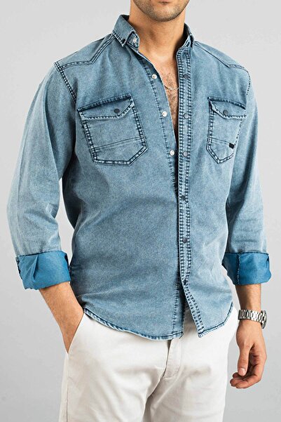 bombe Světle modrá pánská Slim Fit džínová košile