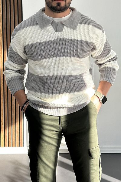 Edwox Gray Men's Knitwear Sweater - Collared and Thick, Edw219
