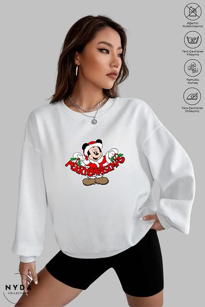 Nyda Collections Unisex Πρωτοχρονιά Καλά Χριστούγεννα με στάμπα με λαιμόκοψη χωρίς κουκούλα υπερμεγέθη φούτερ