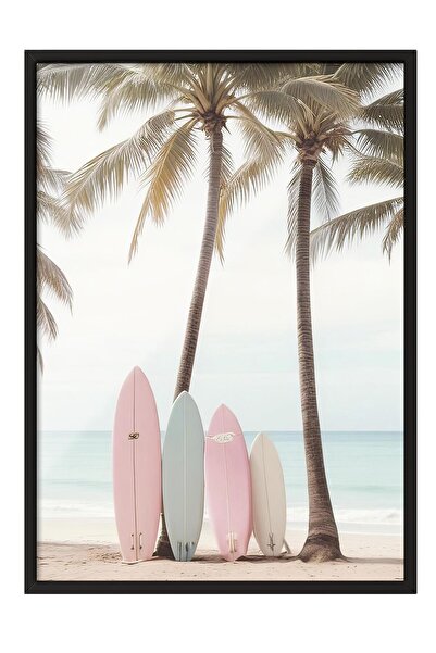 Postifull Tablou înrămat cu plăci de surf pe plajă, cadru negru și poster, pi...