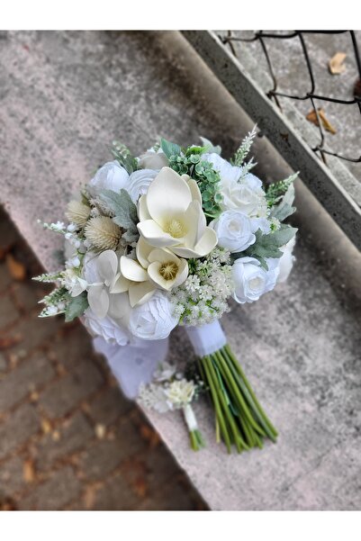 Buketlife Beyaz krem yeşil gelinçiçeği gelinbuketi ve yakaçiçeği
