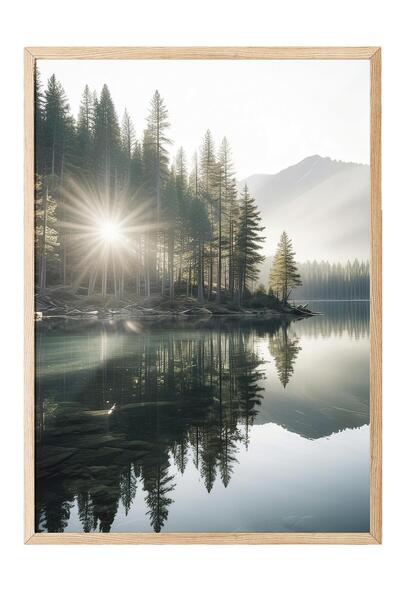 Postifull Morning View Lake Çerçeveli Tablo, Ahşap Çerçeve ve Poster, Duvar T...