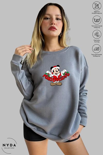 Nyda Collections Unisex Πρωτοχρονιά Καλά Χριστούγεννα με στάμπα με λαιμόκοψη χωρίς κουκούλα υπερμεγέθη φούτερ