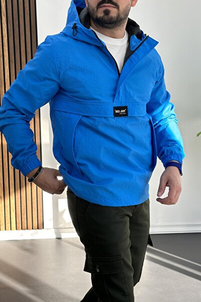 Edwox Синій Slim Fit Krinkıl Дощовик - Кенгуру Кишеня і Напівзастібка Edw077