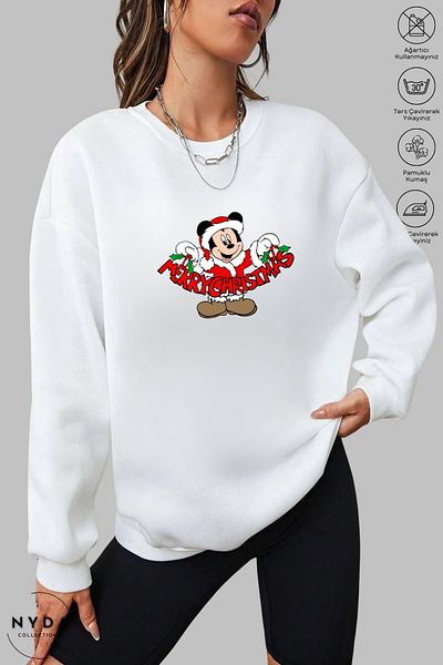 Nyda Collections Unisex Πρωτοχρονιά Καλά Χριστούγεννα με στάμπα με λαιμόκοψη χωρίς κουκούλα υπερμεγέθη φούτερ