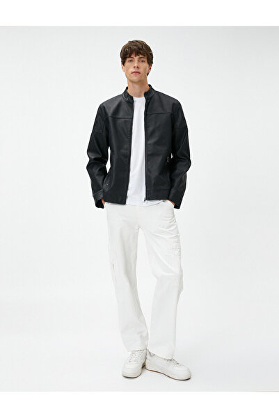 Koton Δερμάτινο τζάκετ με στρογγυλή λαιμόκοψη με φερμουάρ