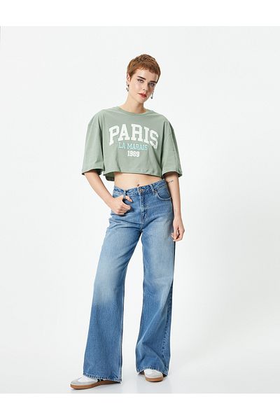 Koton Cotton Comfortable Fit Crop T-Shirt - Short Sleeve, Crew Neck