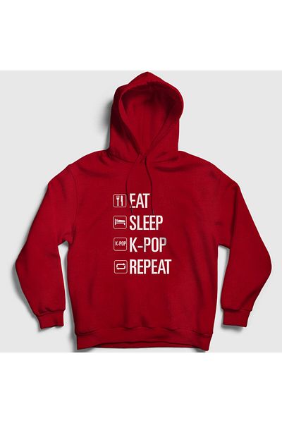 Presmono Унисекс червен суитшърт с качулка Eat Sleep Repeat K-pop 273287tt