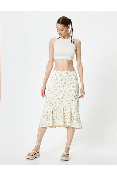 Koton Floral Midi Skirt - Asymmetrical Cut - Textured Wrap