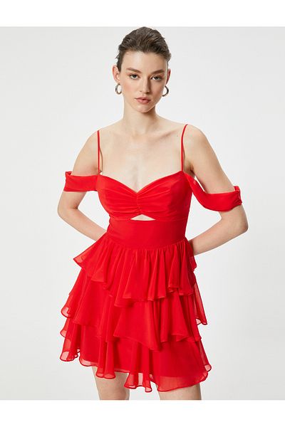 Koton Mini Chiffon Dress with Heart Collar and Sleeve Detail - Flounced