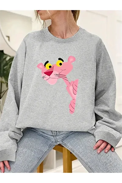 WOODROFFE Μαύρο γκρι φούτερ με στάμπα Pink Panther με λαιμόκοψη και κουκούλα