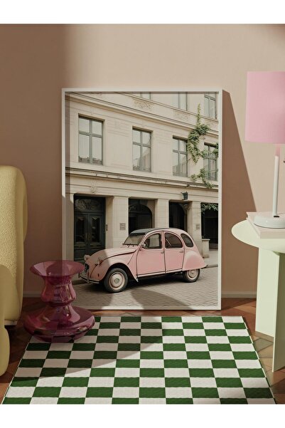 Postifull Pictură înrămată cu mașină retro roz, cadru alb și poster, pictură de perete Seria Comfort NR:108386