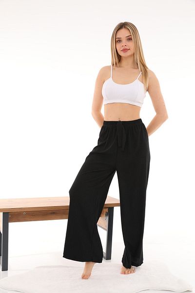 SİERNA Women's Seersucker Fabric Elastic Waist Wide Leg Pants Oversize Black -Sr0001