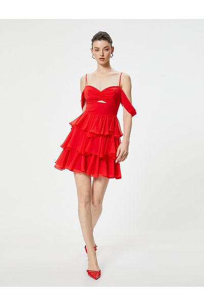 Koton Mini Chiffon Dress with Heart Collar and Sleeve Detail - Flounced