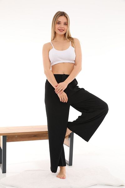 SİERNA Women's Seersucker Fabric Elastic Waist Wide Leg Pants Oversize Black -Sr0001