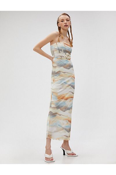 Koton Μακρύ φόρεμα στράπλες με σκίσιμο Batik Λεπτομερής εμφάνιση κορσέ