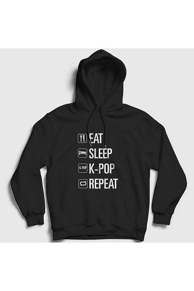 Presmono Унисекс черен суитшърт с качулка Eat Sleep Repeat K-pop 273287tt