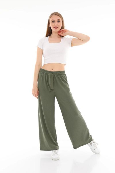 SİERNA Women's Seersucker Fabric Elastic Waist Wide Leg Trousers Oversize Green Srn-003929