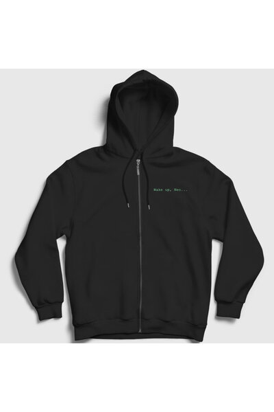 Presmono Unisex Siyah Wake Up Neo Film The Matrix Fermuarlı Kapüşonlu Sweatsh...