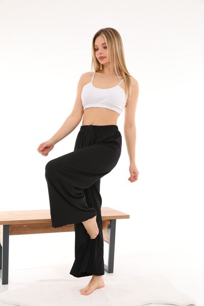 Genel Markalar Kadın Gofre Kumaş Beli Lastikli Bol Paça Pantolon Oversize Siyah