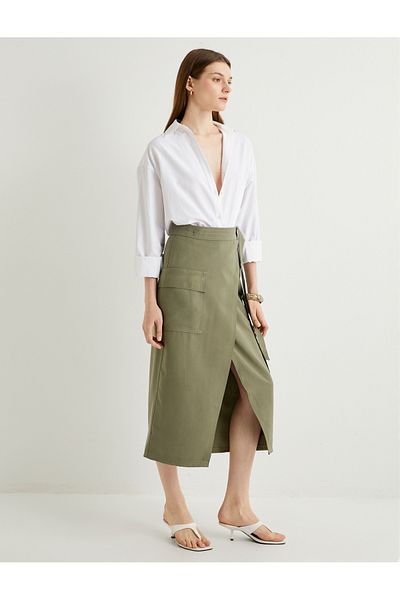 Koton Midi Cargo Skirt with Belt and Slit - Pocket Detail