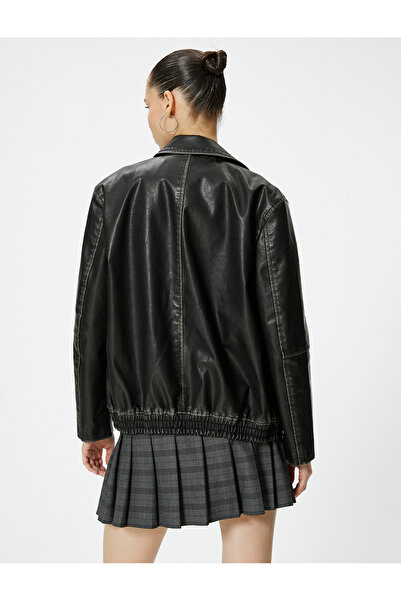 Koton Δερμάτινο μπουφάν Distressed Look Oversize - Γιακάς πουκαμίσου με φερμουάρ και τσέπη