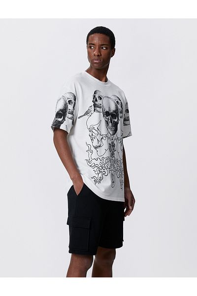 Koton Übergroßes T-Shirt mit Totenkopf-Aufdruck, Rundhalsausschnitt, kurze Ärmel