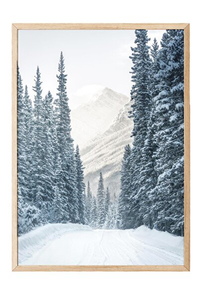 Postifull Winter Road Çerçeveli Tablo, Ahşap Çerçeve ve Poster, Dikey Duvar T...