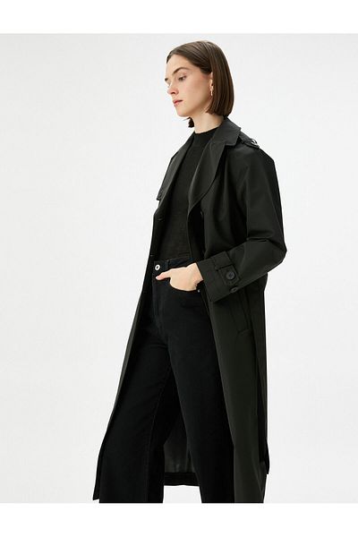 Koton Trench Coat Midi Length Double Breasted Collar Buttoned Pocket Belted