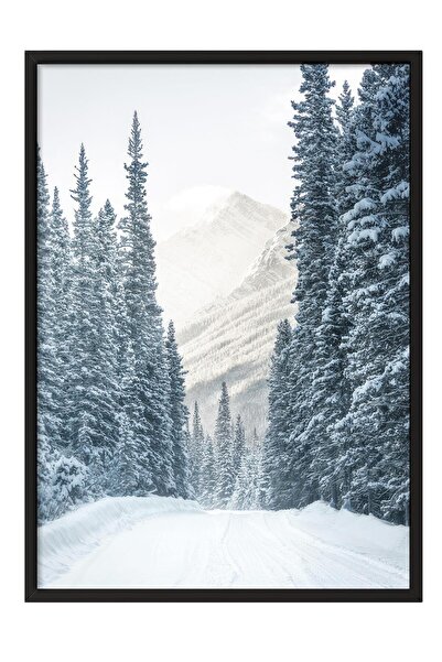 Postifull Pictură înrămată Winter Road, cadru negru și poster, pictură vertic...