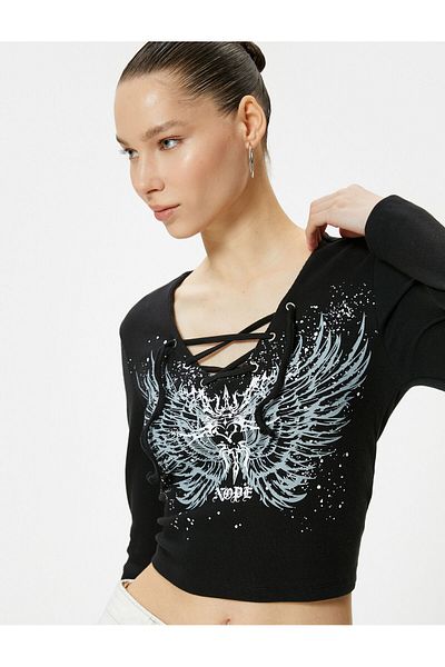 Koton Tie-Up Collar T-Shirt Crop Printed Long Sleeve Cotton
