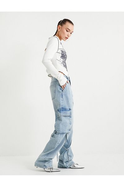 Koton Straight Jean Cargo Jeans Wide Straight Leg Pocket Cotton - Nora Jean