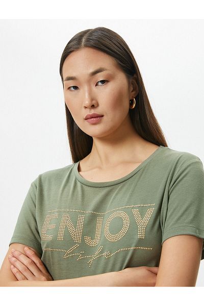 Koton Short Sleeve T-Shirt Printed Jewelled Crew Neck Regular Fit