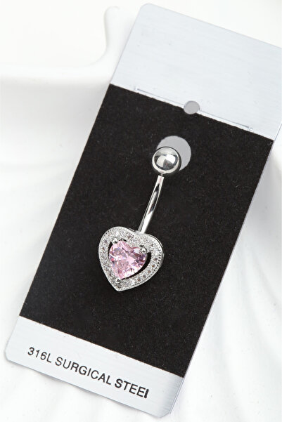VLM AKSESUAR Pembe Taşlı Kalp Göbek Piercing Cerrahi Çelik (10mm)