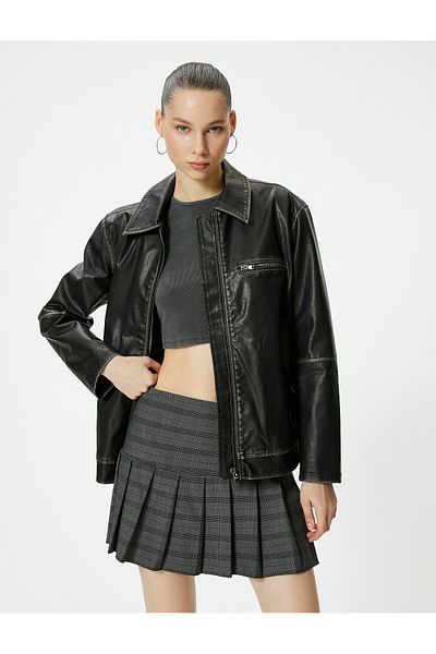 Koton Distressed Look Oversize Faux Leather Jacket - Zipped and Pocketed Shirt Collar