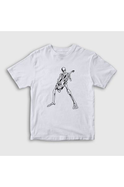 Presmono Tricou unisex pentru copii alb Skeleton Chitarist Music Rock340017tt