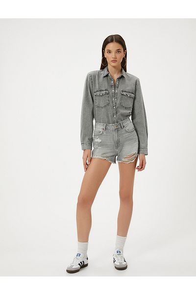 Koton Comfortable Cotton Jeans Shirt - Long Sleeve, Pocket and Snap Button